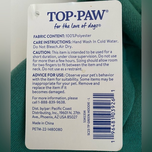 Top Paw Dog Hoodie Green Size Large Soft Cozy Pet Sweatshirt Apparel - Picture 7 of 13